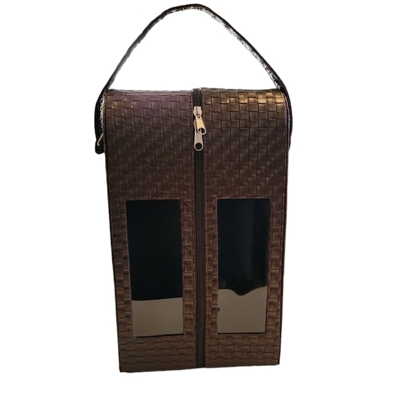 Double Wine Bottle Leather Look Carrier Case dark chocolate brown woven material - Picture 6 of 6